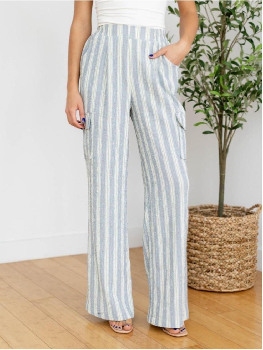 Women's Bishop + Young Blue White Stripe Wide Leg Cargo Pants Set Size S - Picture 2 of 10